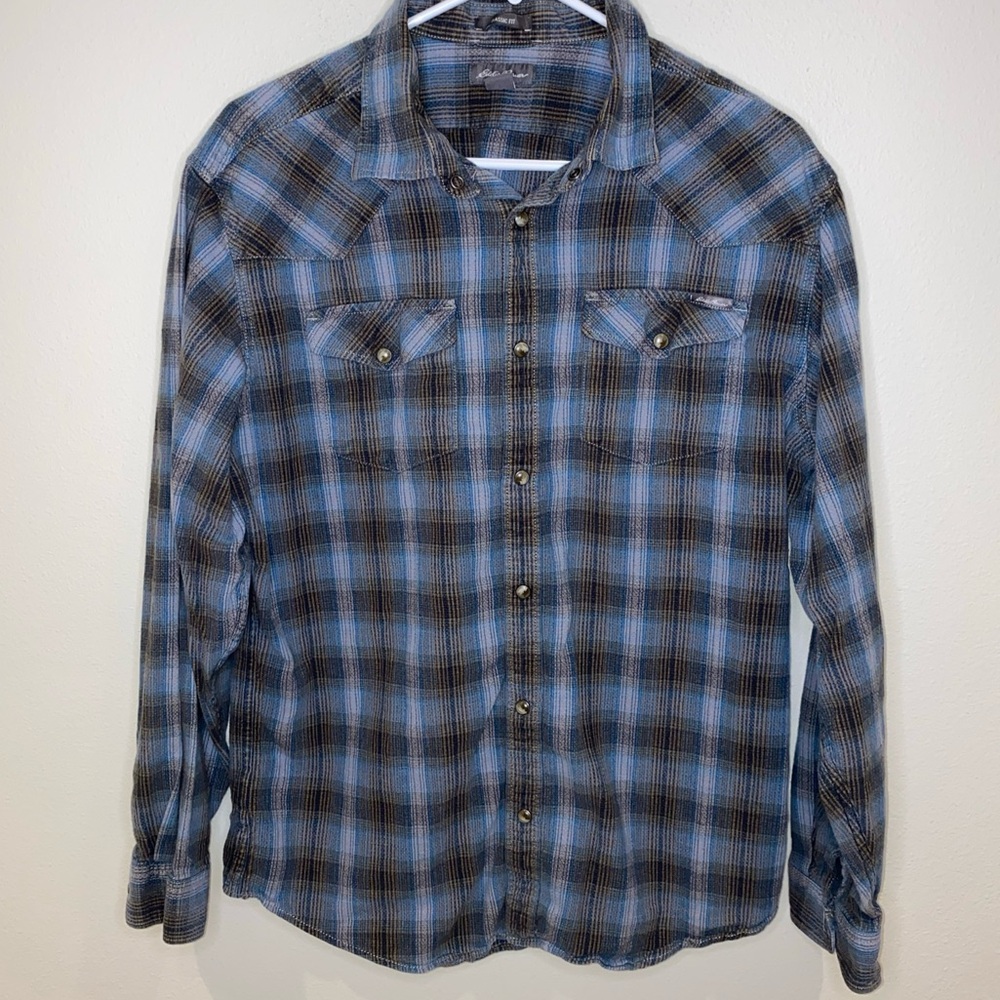 Eddie Bauer Pearl Snap Flannel Classic Fit Shirt Blue Gray‎ Plaid Men’s L